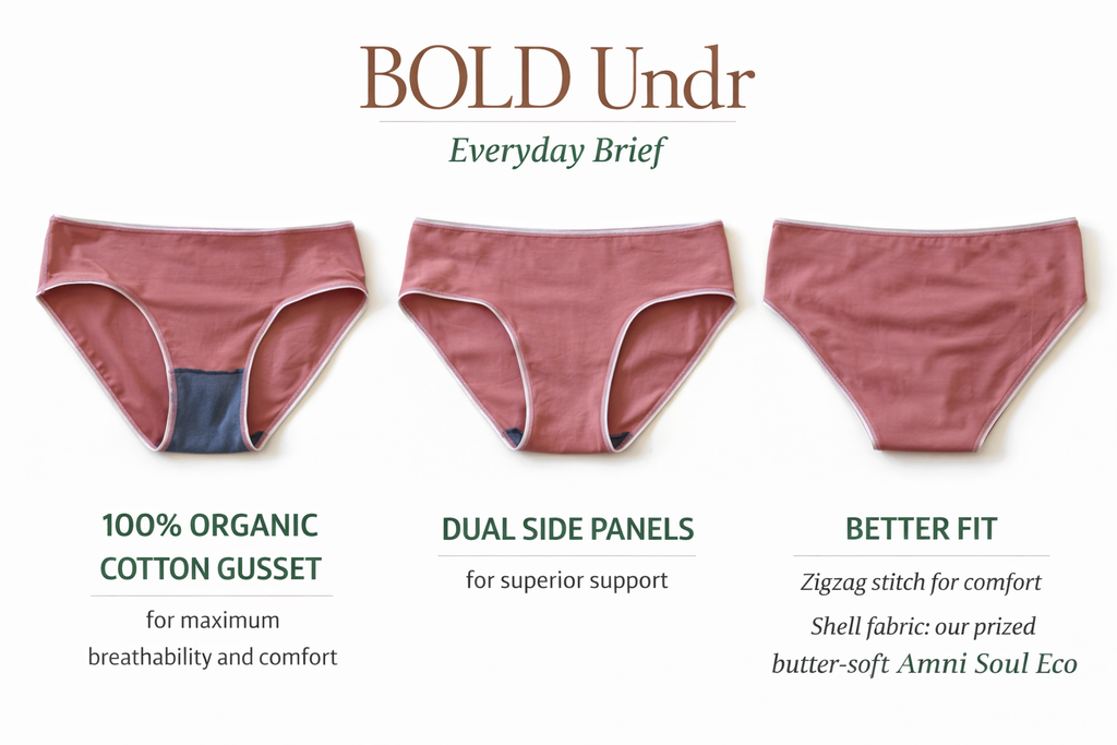 BOLD Undr Everyday Brief infographic 100% Organic Cotten Gusset Dual Side Panels for Support Better Fit Stitching