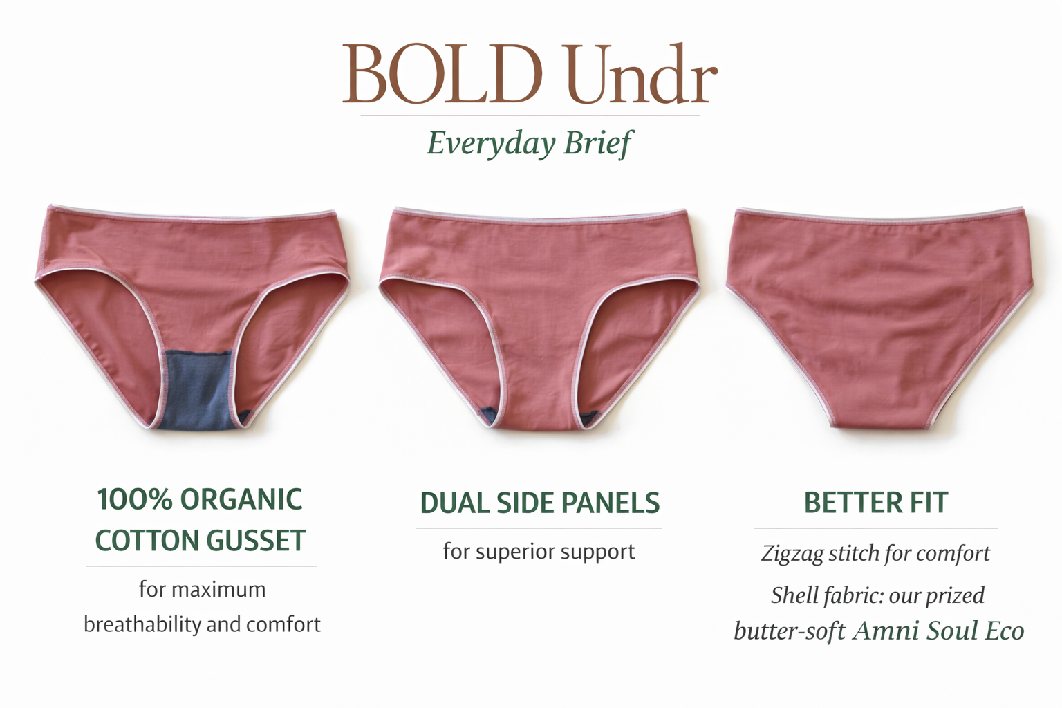BOLD Undr Everyday Brief infographic 100% Organic Cotten Gusset Dual Side Panels for Support Better Fit Stitching